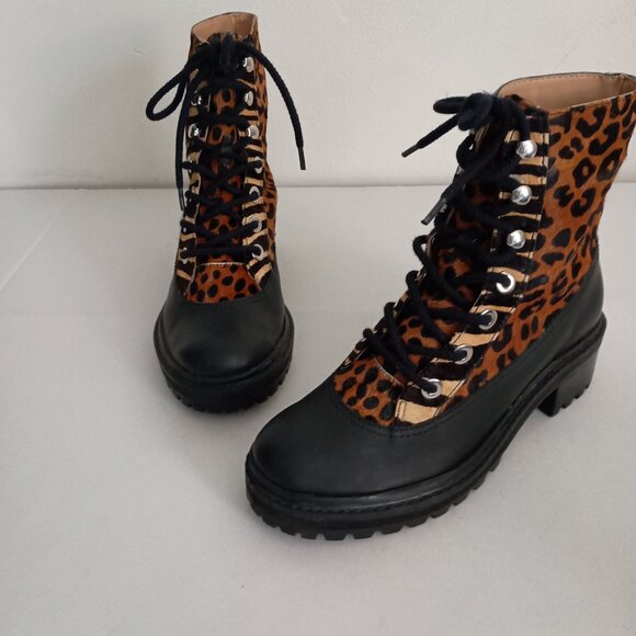 Schutz Mafalda Leopard Print Calf Hair Lug Sole Tie Ankle Boots Women’s Size 6 - Picture 12 of 14